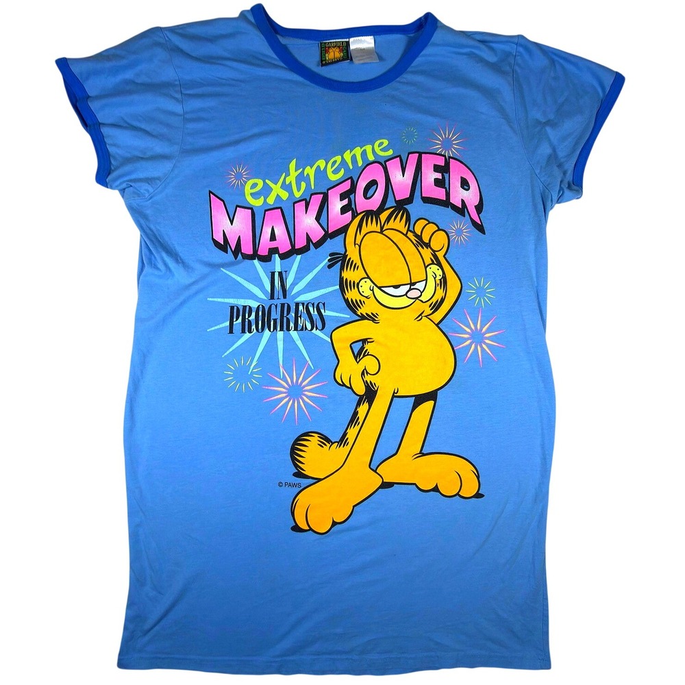 Vintage Garfield Extreme Makeover Sleep Shirt Blue Ringer Nightgown OSFM
